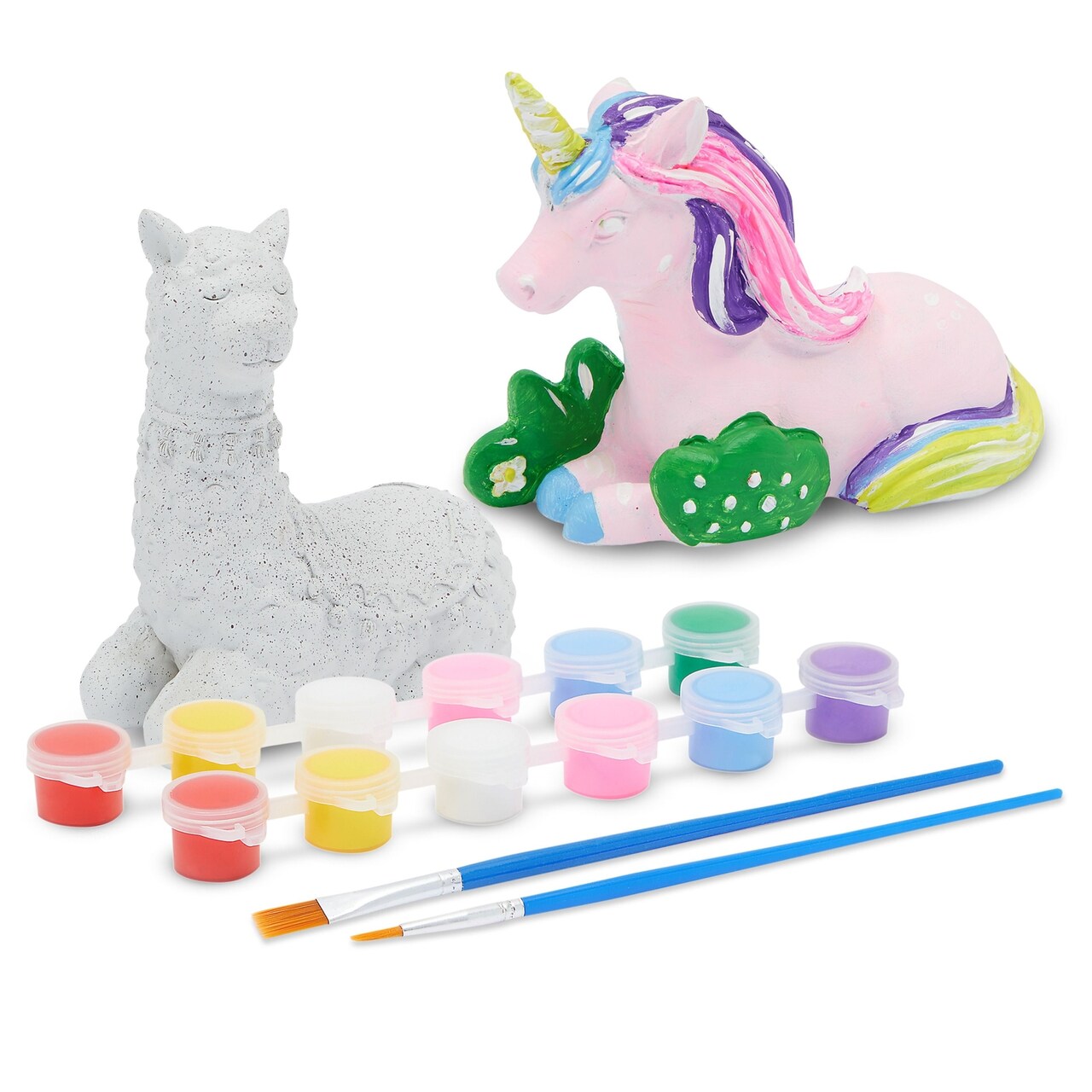 Unicorn and Llama Ceramic Painting Kit for Kids with 3ml Paint Pod Strips, 2 Brushes and 2 Figures